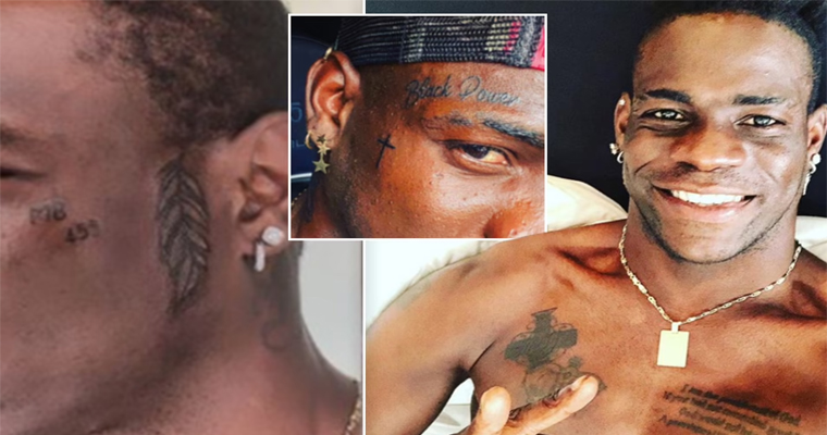 Ex-Man City star Mario Balotelli reveals new 'MB 459' face tattoo after adding to his growing collection that already includes the words 'black power' above the his eye, a cross on his cheek and a quote from Genghis Khan on his chest.