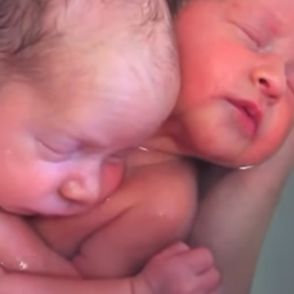 Touching!!! Twin infants continue to cuddle like they did in the womb.