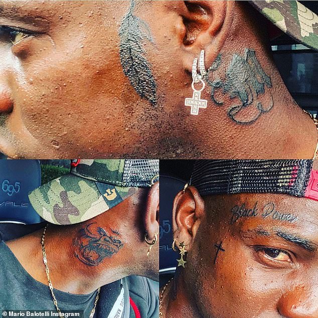 Ex-Man City star Mario Balotelli reveals new 'MB 459' face tattoo after adding to his growing collection that already includes the words 'black power' above the his eye, a cross on his cheek and a quote from Genghis Khan on his chest.