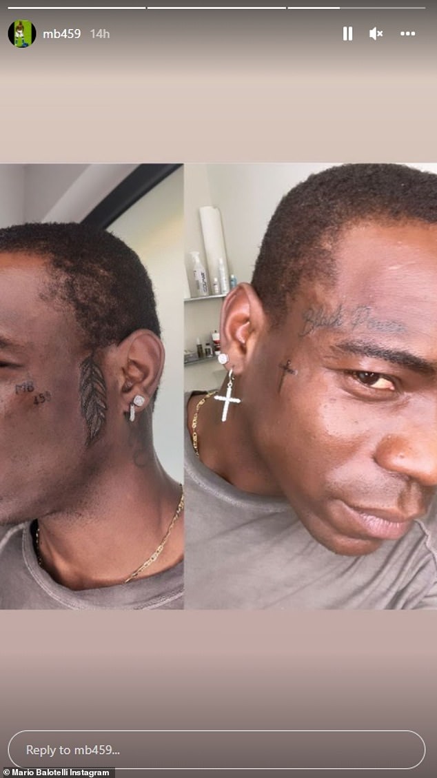 Ex-Man City star Mario Balotelli reveals new 'MB 459' face tattoo after adding to his growing collection that already includes the words 'black power' above the his eye, a cross on his cheek and a quote from Genghis Khan on his chest.