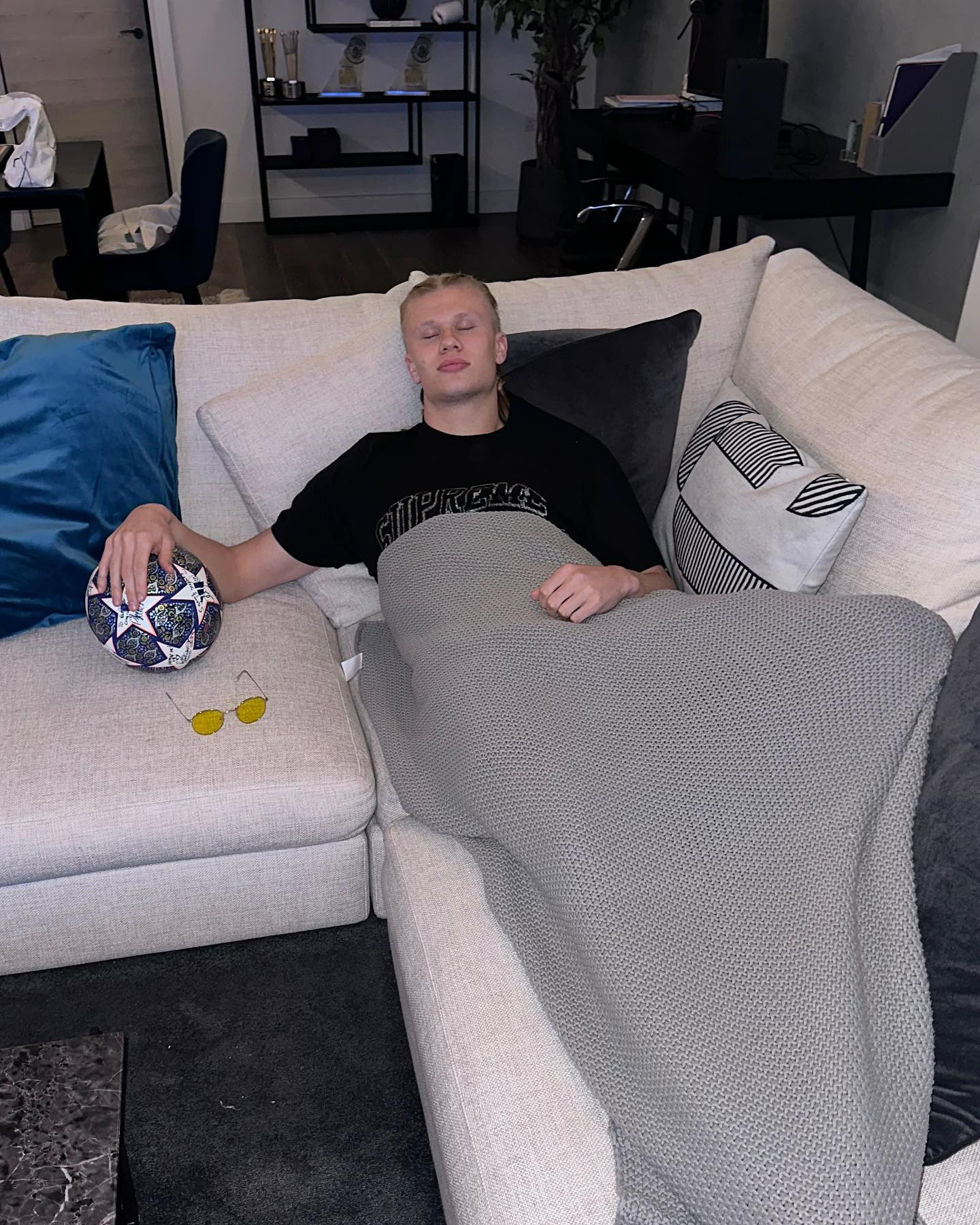 Erling Haaland copies World Cup winner Lionel Messi when he wakes up with the ball in his hand