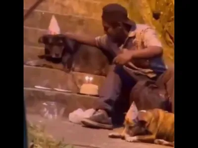 A homeless man celebrates his birthday with his two dogs. – AmazingUnitedState.Com