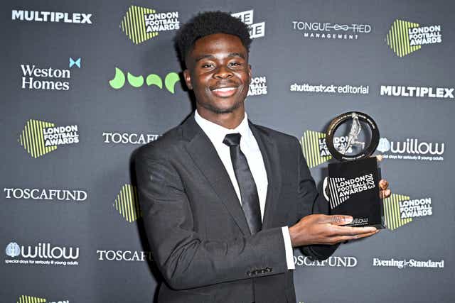 <p>Going great guns: Bukayo Saka is chasing more glory after receiving his award last night</p>