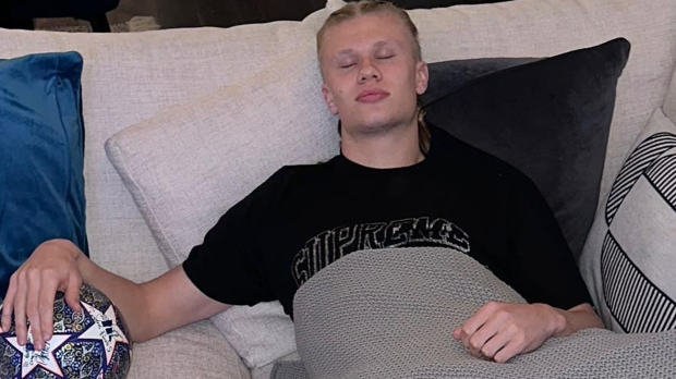 Erling Haaland copies World Cup winner Lionel Messi when he wakes up with the ball in his hand