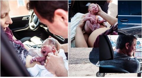 A photographer documented the birth's moments after the mother gave birth in the car.