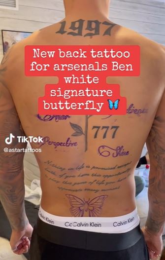 Arsenal star Ben White’s tattoos revealed, from butterfly on back and romantic heart on thumb to THROAT inkings