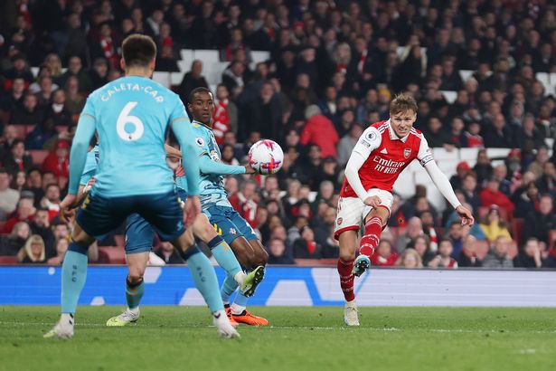 Martin Odegaard of Arsenal scores his team's second goal