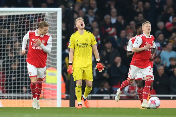 Aaron Ramsdale of Arsenal reacts after conceding their side's first goal scored by Carlos Alcaraz of Southampton (not pictured) during the Premier League match between Arsenal FC and Southampton FC at Emirates Stadium on April 21, 2023 in London, England.