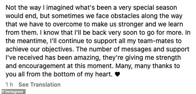 Martinez posted on Instagram after it was confirmed that he would miss the remainder of the campaign