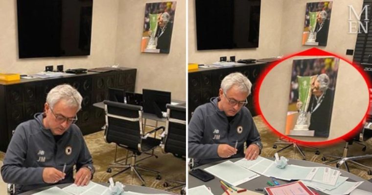 Proud ex- Man Utd manager Jose Mourinho still has picture of his Europa League win with Man Utd hanging up in Roma office