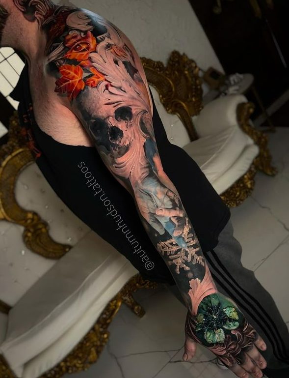 "Autumn Hudson's Mesmerizing Tattoo Art: A Fusion of Vibrant Colors, Bold Lines, and Personalized Designs."