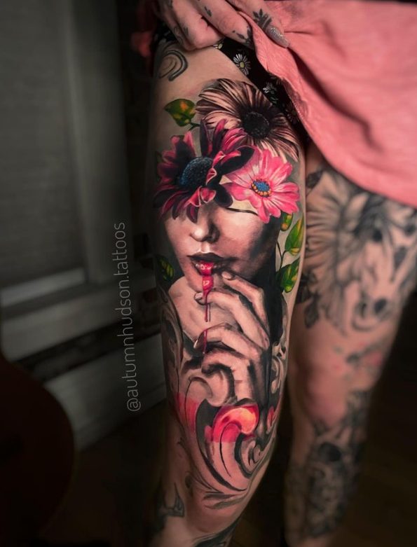 "Autumn Hudson's Mesmerizing Tattoo Art: A Fusion of Vibrant Colors, Bold Lines, and Personalized Designs."