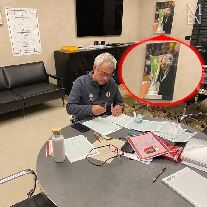 Proud ex- Man Utd manager Jose Mourinho still has picture of his Europa League win with Man Utd hanging up in Roma office