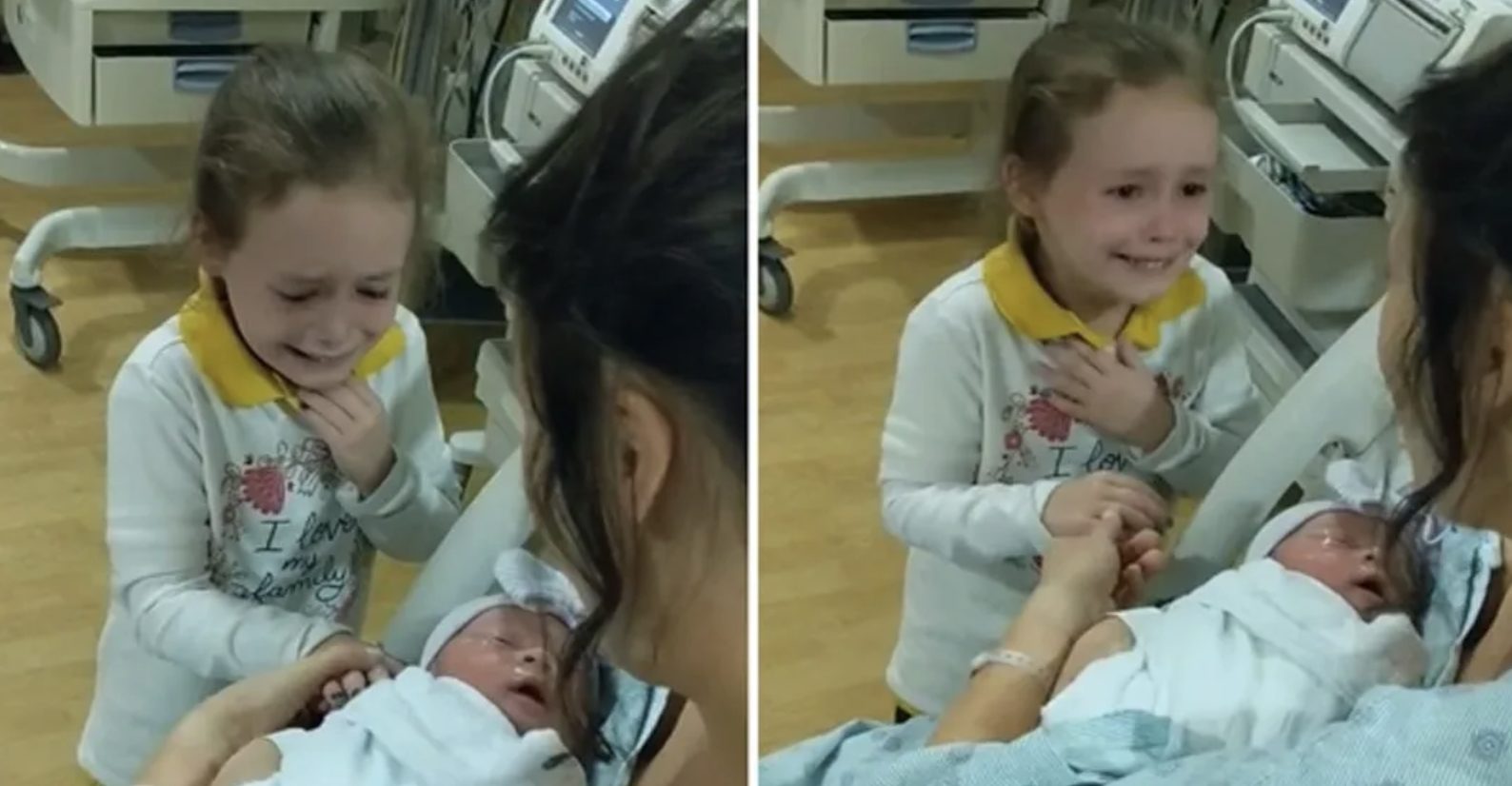 Little Girl Begins To Cry With Joy As Soon As She Sees Her Newborn Sister For The First Time In Her Mother Arms