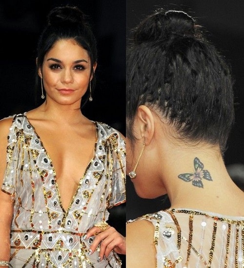 Vanessa Hudgens with a butterfly tattoo on her neck