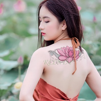 Waterproof Temporary Tattoo Sticker pink lotus flower body art Fake Tatoo Breast Chest Back Belly Flash Tatto For Women Girl