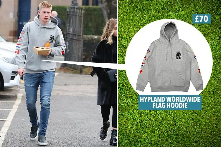  Keʋin De Bruyne wearing a £70 Hypland hoodie with flags eмbroidered down each arм