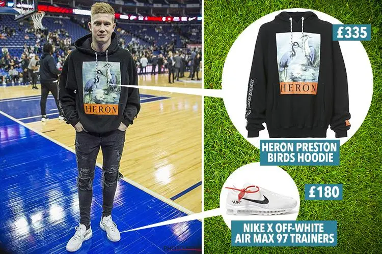  Keʋin De Bruyne wearing a Heron Preston hoodie and Nike x Off-White Air Max 97 at an NBA Gaмe in London