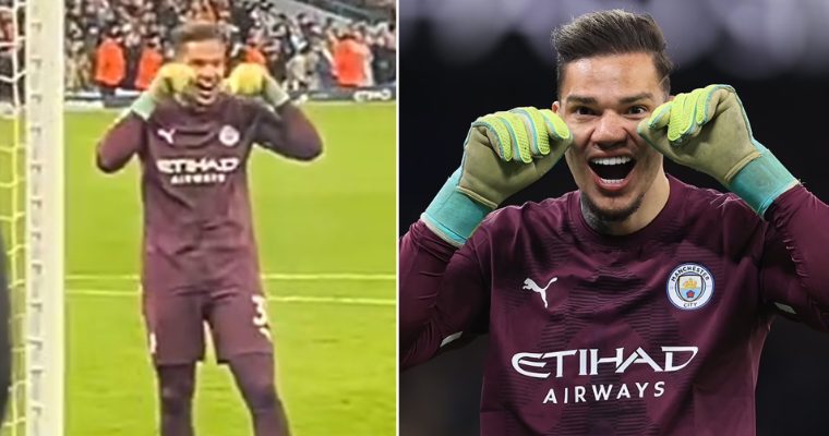 THE CRYING GAME: Manchester City goalkeeper Ederson mocks Arsenal supporters by pretending to cry