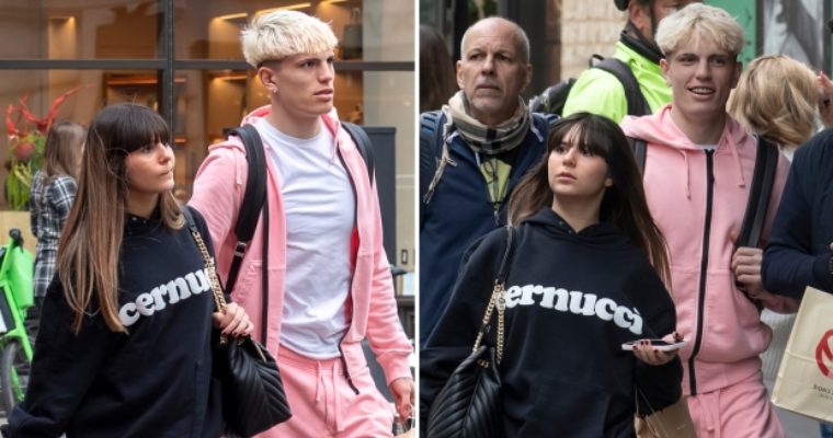 Man Utd star, Garnacho holding "weird item" while shopping with his pregnant girlfriend in pink tracksuit