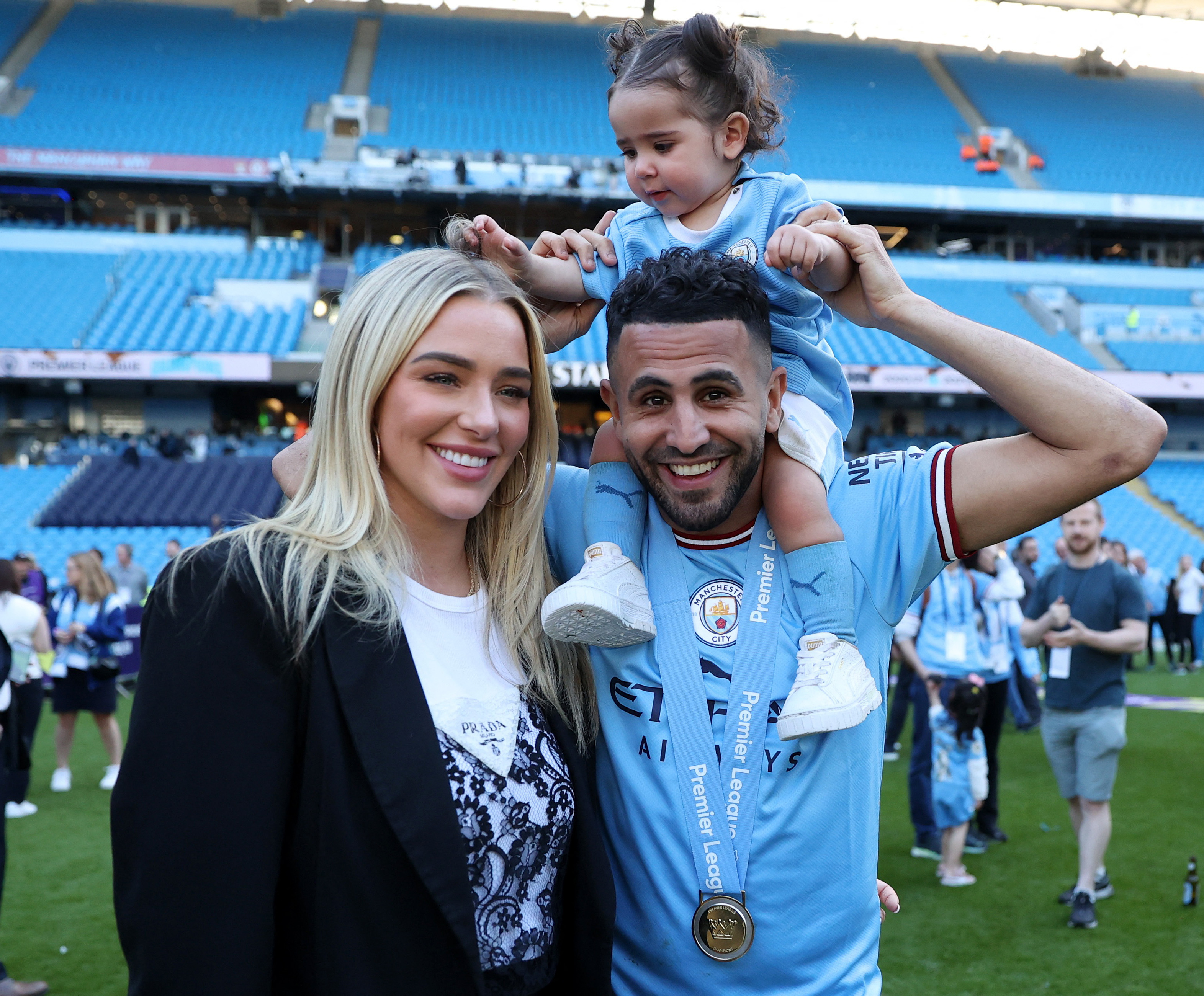 Taylor Ward, Riyad Mahrez and daughter Mila are all smiles