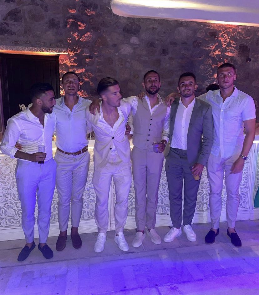 Hourihane, centre right, invited Neil Taylor, James Chester, Grealish, John McGinn and Sam Johnstone to his wedding in Mykonos