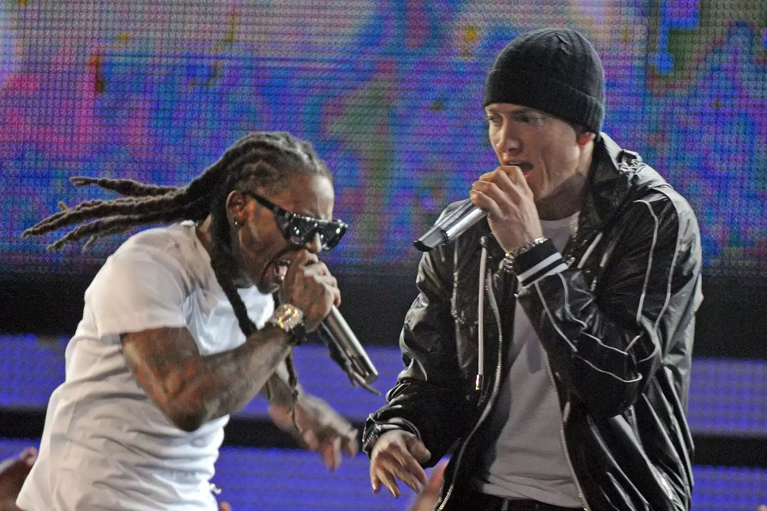 Lil Wayne (L) and Eminem perform during the Grammy Show at the 52nd Grammy Awards in Los Angeles, California on January 31, 2010
